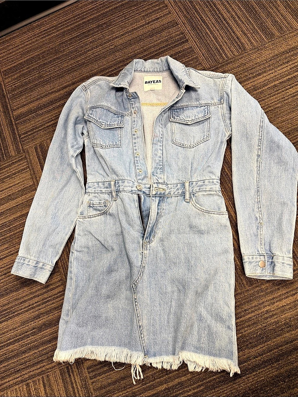 BAYEAS Resa Long Sleeve Fray Hem Denim Mini Shirtdress Resa Denim Mini